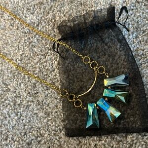 Gold chain long statement necklace with blue green rectangular gems